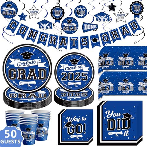 DAZONGE Graduation Decorations 2025 Blue, 2025 Graduation Party Decorations for 50 Guests, Disposable Tableware Set, Plates, Cups, Tablecloth with Congrats Grad Hanging Decor - Image 1
