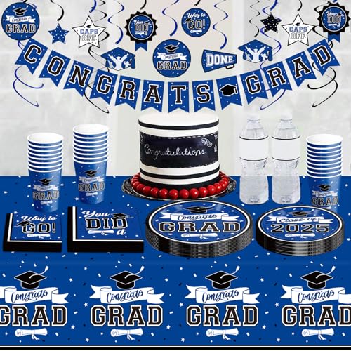 DAZONGE Graduation Decorations 2025 Blue, 2025 Graduation Party Decorations for 50 Guests, Disposable Tableware Set, Plates, Cups, Tablecloth with Congrats Grad Hanging Decor - Image 5