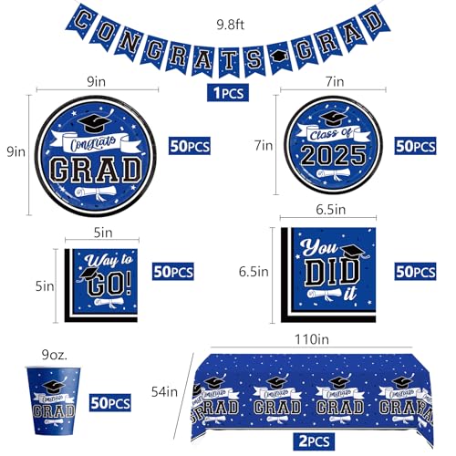DAZONGE Graduation Decorations 2025 Blue, 2025 Graduation Party Decorations for 50 Guests, Disposable Tableware Set, Plates, Cups, Tablecloth with Congrats Grad Hanging Decor - Image 3