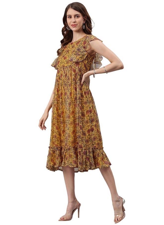 Janasya - Janasya Women's Mustard Poly Georgette Floral Flared Western Dress(J0338-DR-XS) - Image 1