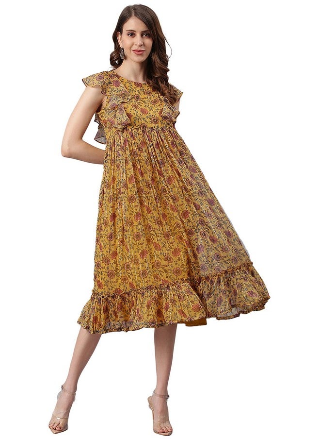 Janasya - Janasya Women's Mustard Poly Georgette Floral Flared Western Dress(J0338-DR-XS) - Image 1