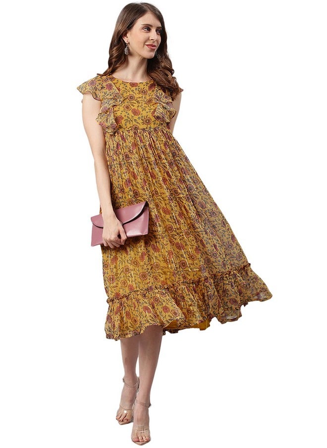 Janasya - Janasya Women's Mustard Poly Georgette Floral Flared Western Dress(J0338-DR-XS) - Image 1