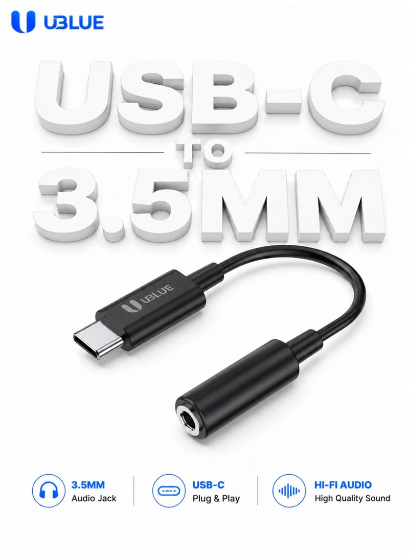UBLUE AUX to Type-C Adapter, USB-C to 3.5mm Headphone Adapter, SNR -95dB, THD+N 0.03%, 10cm, Black, for iPhone 15/16/17 pro max, iPad mini 7, MacBook Pro, iPad, Samsung S25 Ultra/S24/23 - Image 1