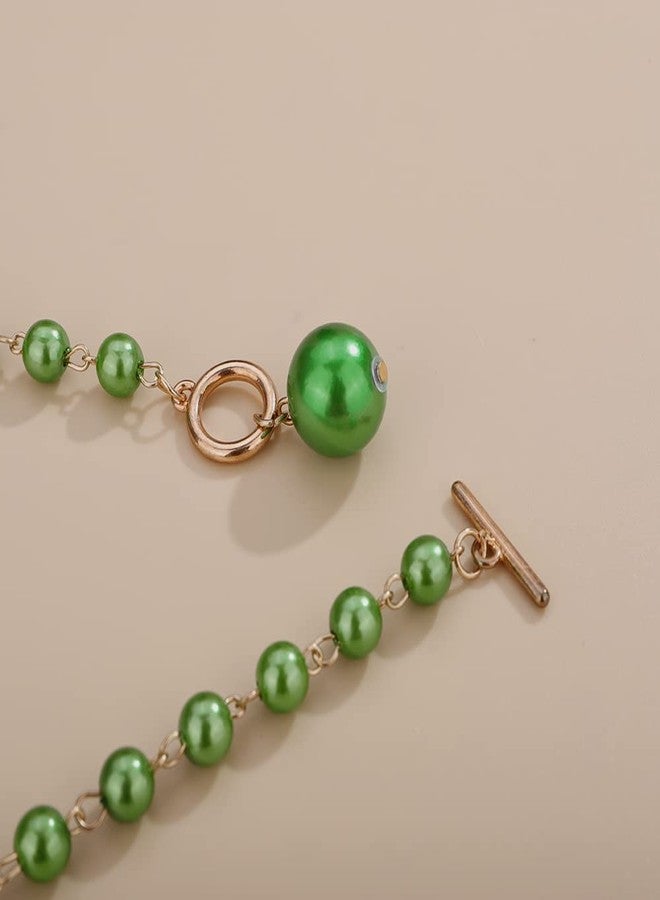 Aimimier Dainty Faux Pearl Beaded OT Toggle Clasp Necklace with Earrings Long Chain OT Buckle Pearl Choker Necklace for Women (Green) - Image 5