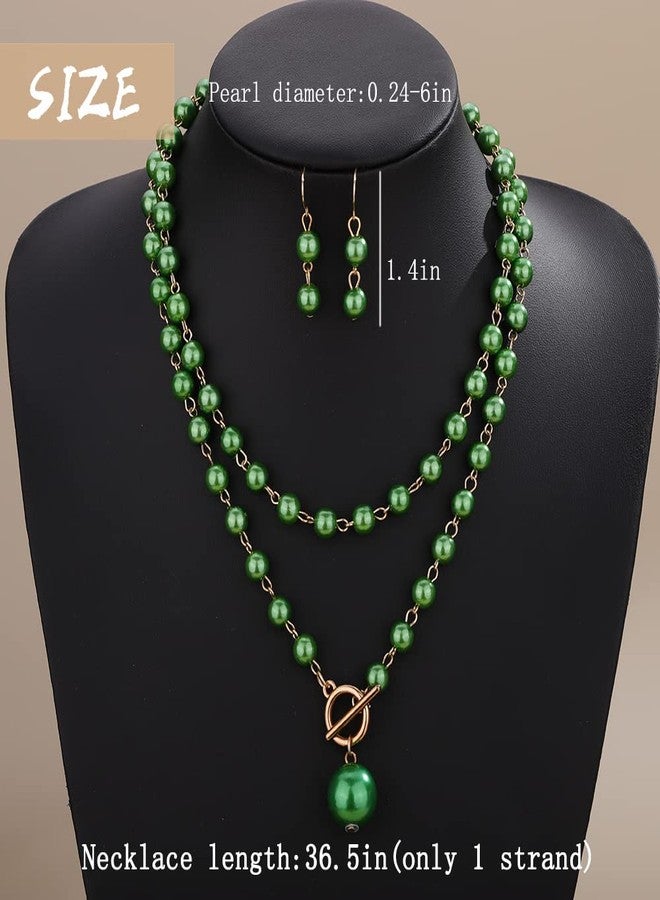 Aimimier Dainty Faux Pearl Beaded OT Toggle Clasp Necklace with Earrings Long Chain OT Buckle Pearl Choker Necklace for Women (Green) - Image 3