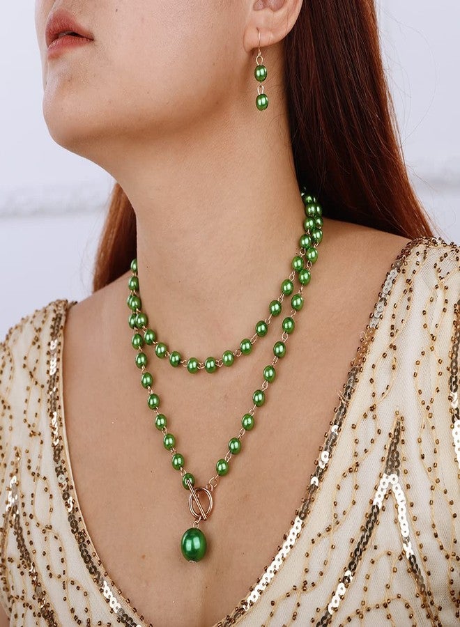 Aimimier Dainty Faux Pearl Beaded OT Toggle Clasp Necklace with Earrings Long Chain OT Buckle Pearl Choker Necklace for Women (Green) - Image 2