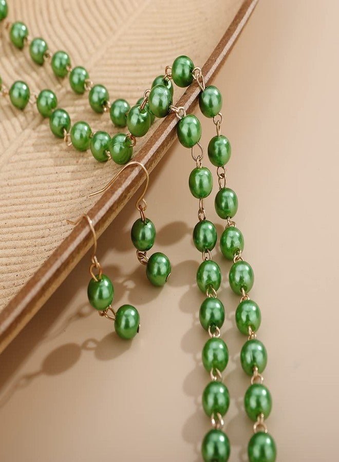 Aimimier Dainty Faux Pearl Beaded OT Toggle Clasp Necklace with Earrings Long Chain OT Buckle Pearl Choker Necklace for Women (Green) - Image 4