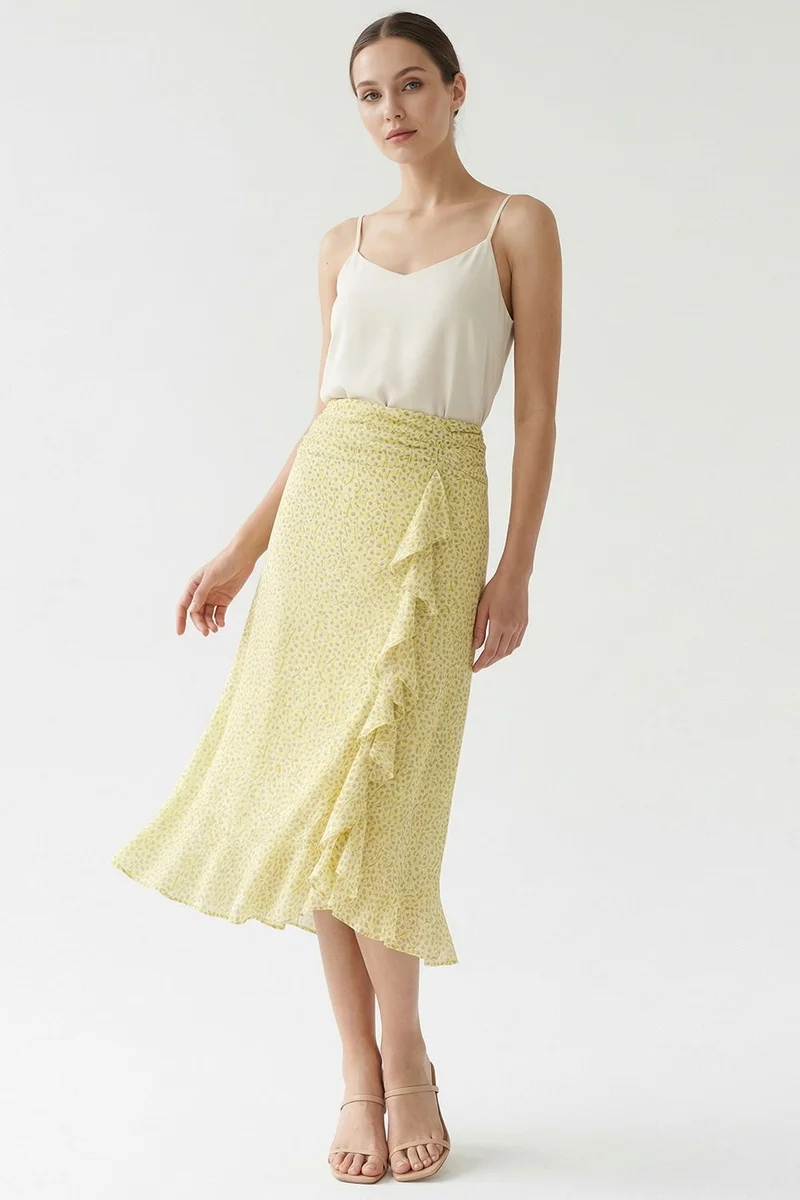 EXQUISE Regular Midi Multicolored Skirt with Slit, Ruffles, Zipper, and Lining