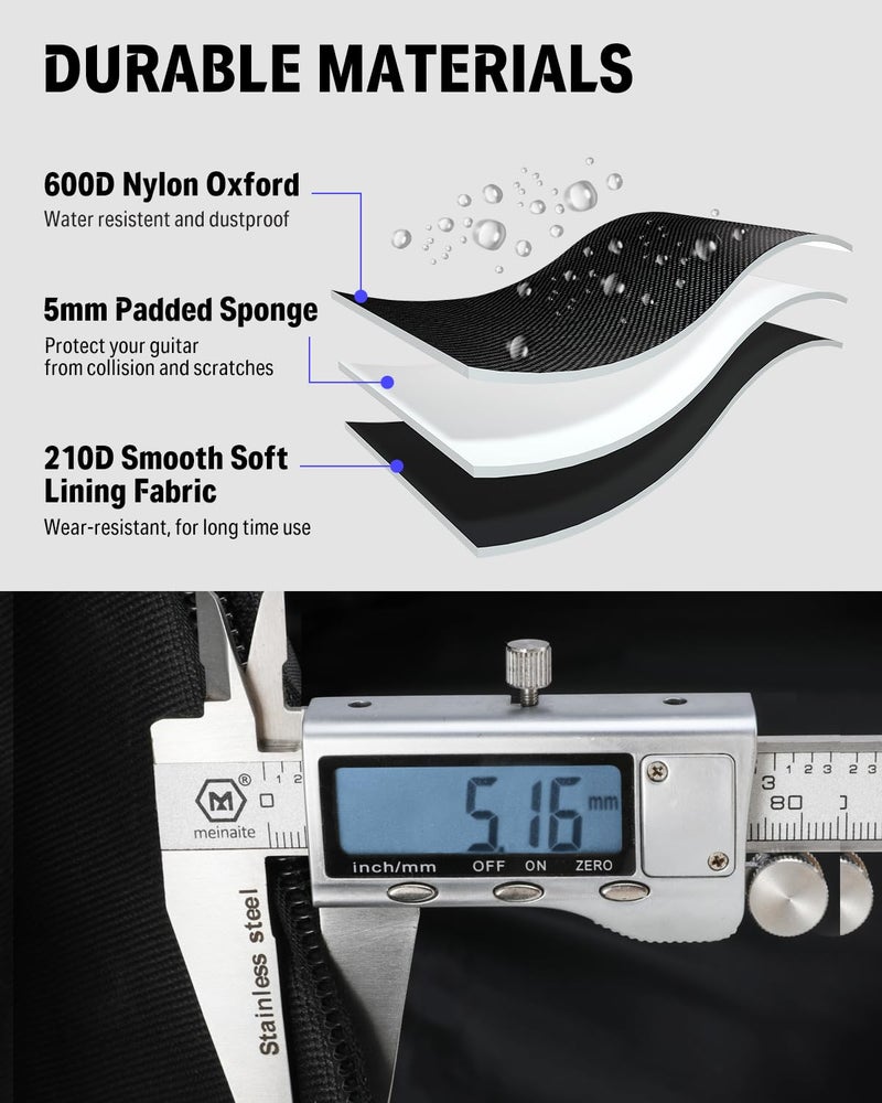 Donner 39 Inch Electric Guitar Case, 5mm Thick Padding Sponge 600D Ripstop Waterproof Nylon Soft Electric Guitar Bag with Dual Adjustable Shoulder Strap and Thick Sponge Handle, Black - Image 4