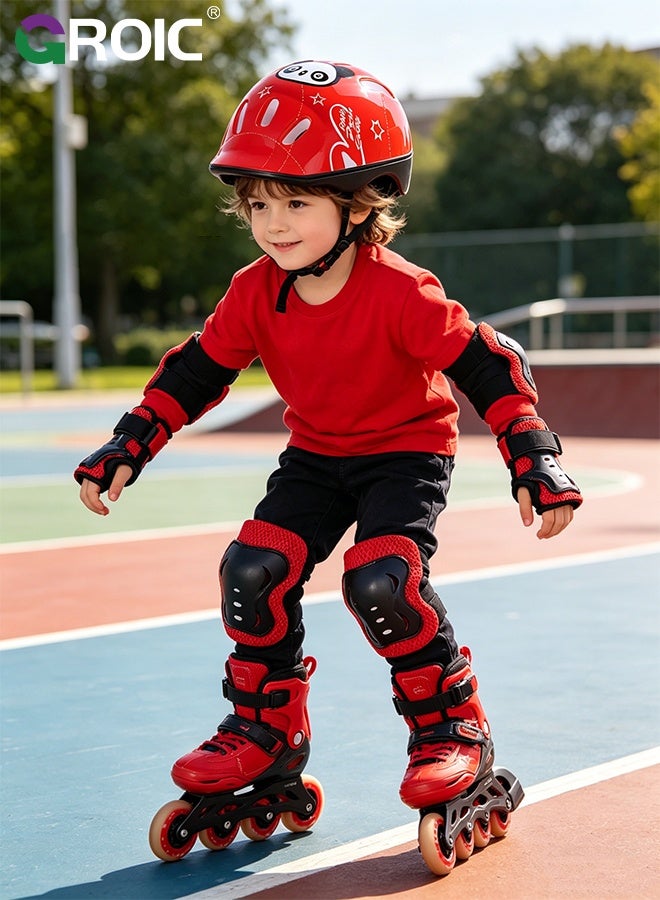 GROIC 7Pcs Kids Bike Helmet Set,Skateboard Knee Pads, Helmet Pad Set Protective Gear Set,Kids Helmet Set with Knee Elbow Wrist Pads for Skateboard Cycling Scooter Rollerblading(Red-Panda) - Image 5