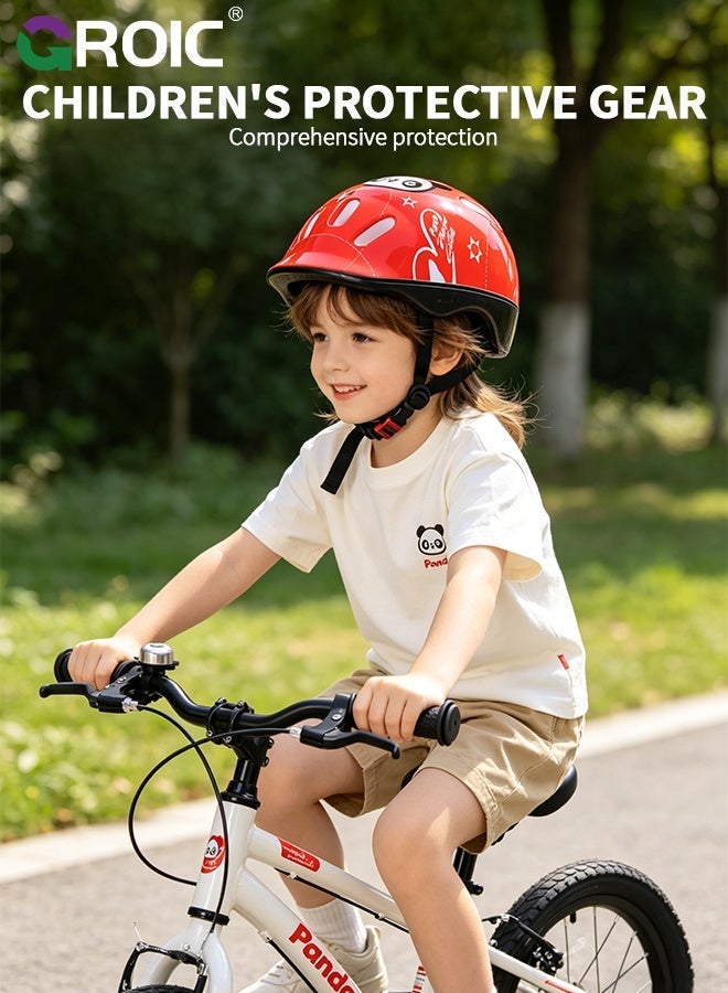 GROIC 7Pcs Kids Bike Helmet Set,Skateboard Knee Pads, Helmet Pad Set Protective Gear Set,Kids Helmet Set with Knee Elbow Wrist Pads for Skateboard Cycling Scooter Rollerblading(Red-Panda) - Image 2