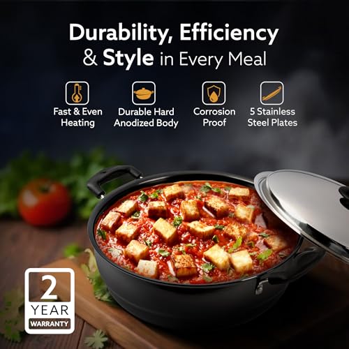 AGARO Elite Hard Anodised Multi Kadhai with Stainless Steel Lid, 5L, Gas Compatible, 3mm Thick Body, Riveted Handle - Image 2