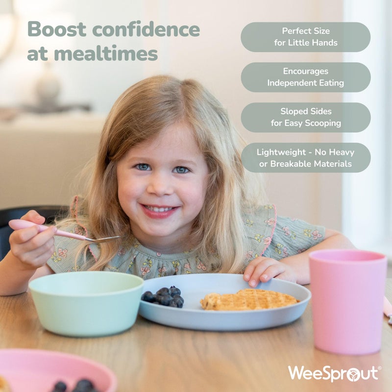 WeeSprout Bamboo Plates, Set of 4, Kid-Sized Dinnerware, Dishwasher Safe Melamine Dishware (Pastel Coral, Blue, Mint & Off White, Without Lids) - Image 4