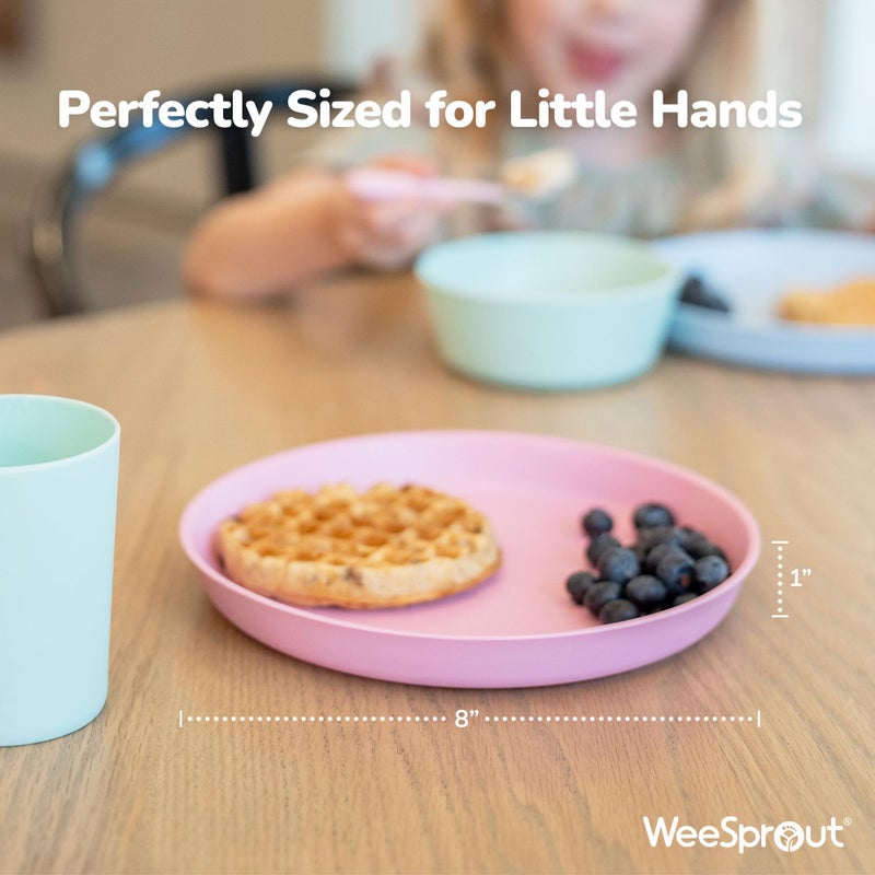 WeeSprout Bamboo Plates, Set of 4, Kid-Sized Dinnerware, Dishwasher Safe Melamine Dishware (Pastel Coral, Blue, Mint & Off White, Without Lids) - Image 2