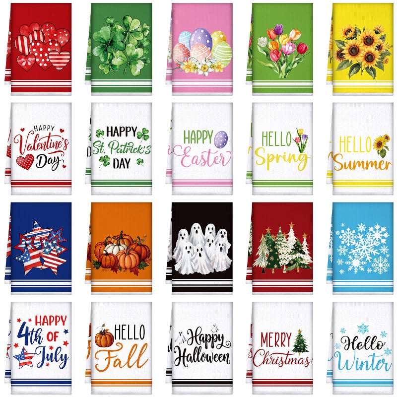 FuWeave 20 Pcs Holiday Kitchen Towels Seasonal Decorative Hand Towels Set Christmas Dish Cloths Winter Valentine's Day 16 x 24 Colorful Wash Cloths with Hanging Loop(Fresh) - Image 1