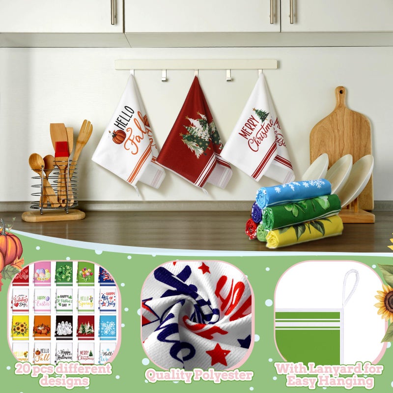FuWeave 20 Pcs Holiday Kitchen Towels Seasonal Decorative Hand Towels Set Christmas Dish Cloths Winter Valentine's Day 16 x 24 Colorful Wash Cloths with Hanging Loop(Fresh) - Image 4