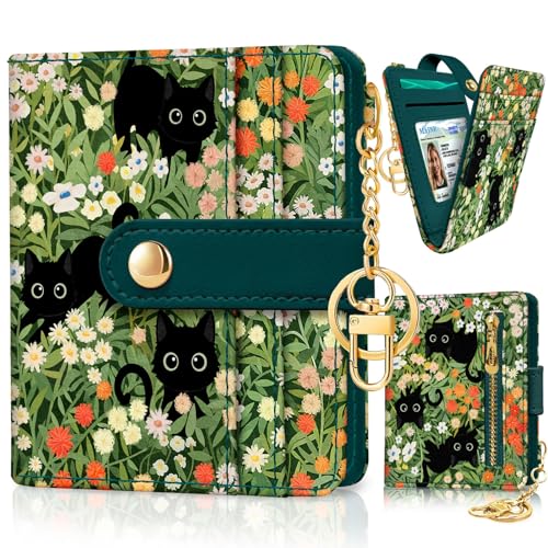 Jogjam Black Cat Floral Rfid Women Wallet, Small Slim Thin Credit Card Wallet, PU Leather Bifold Cash Zipper Coin Pocket ID Window for Female Ladies Teen Girls Girly - Image 1