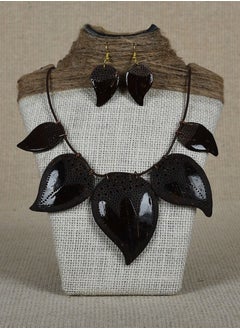 Women's Handmade Coconut Shell Leaves Shaped Necklace with Earrings Set