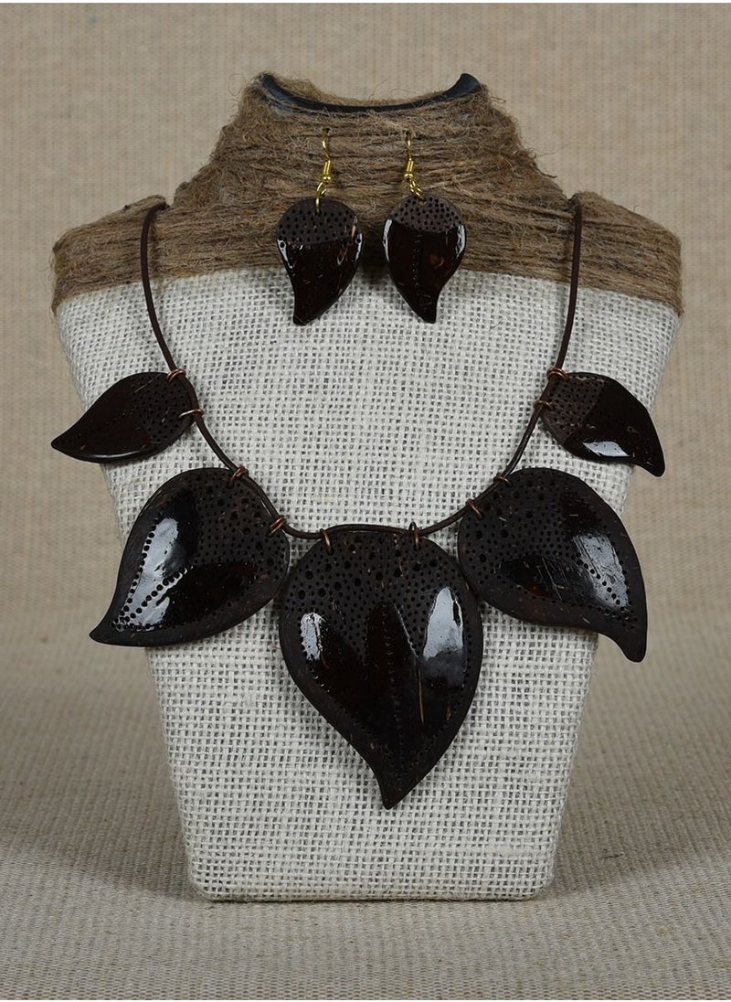 N & H - Women's Handmade Coconut Shell Leaves Shaped Necklace with Earrings Set - Image 1