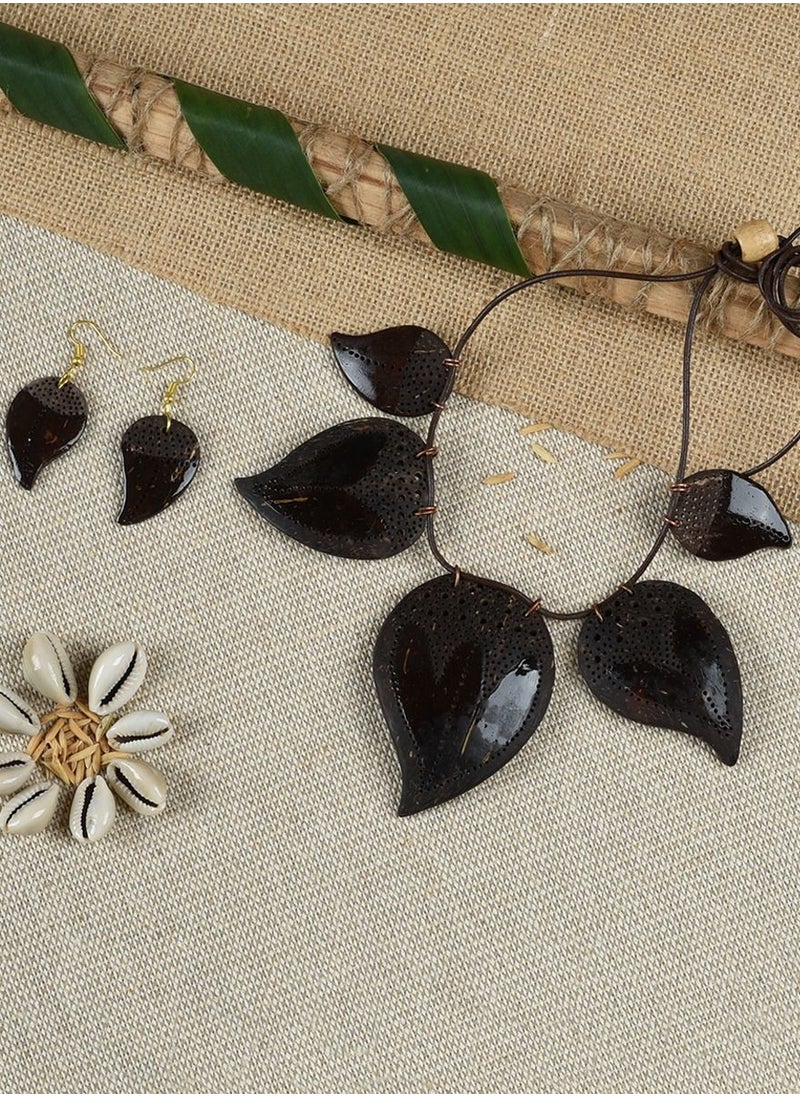N & H - Women's Handmade Coconut Shell Leaves Shaped Necklace with Earrings Set - Image 1