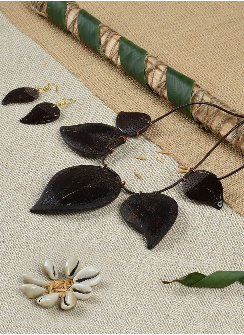 N & H - Women's Handmade Coconut Shell Leaves Shaped Necklace with Earrings Set - Image 1