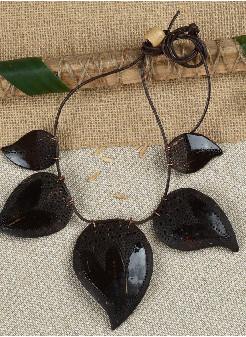 N & H - Women's Handmade Coconut Shell Leaves Shaped Necklace with Earrings Set - Image 1