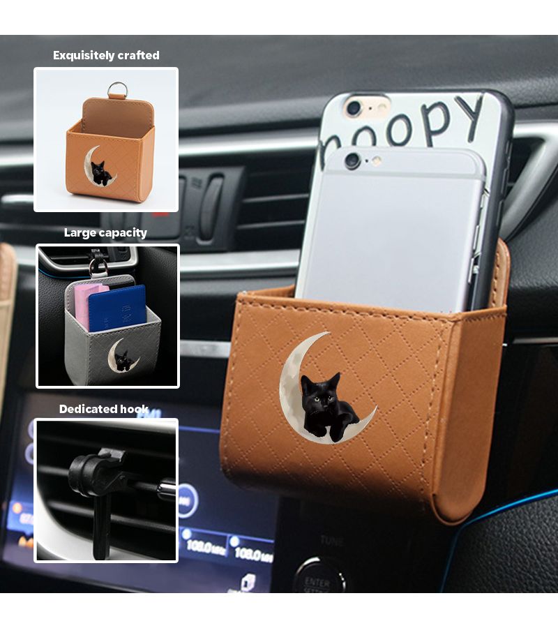 Faux Leather Car Air Vent Organizer Bag Black Quilted Storage Pouch With Metal Hook For Glasses Keys Phone Universal Vehicle Interior Accessories - Image 3
