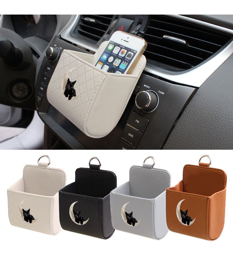 Faux Leather Car Air Vent Organizer Bag Black Quilted Storage Pouch With Metal Hook For Glasses Keys Phone Universal Vehicle Interior Accessories - Image 1