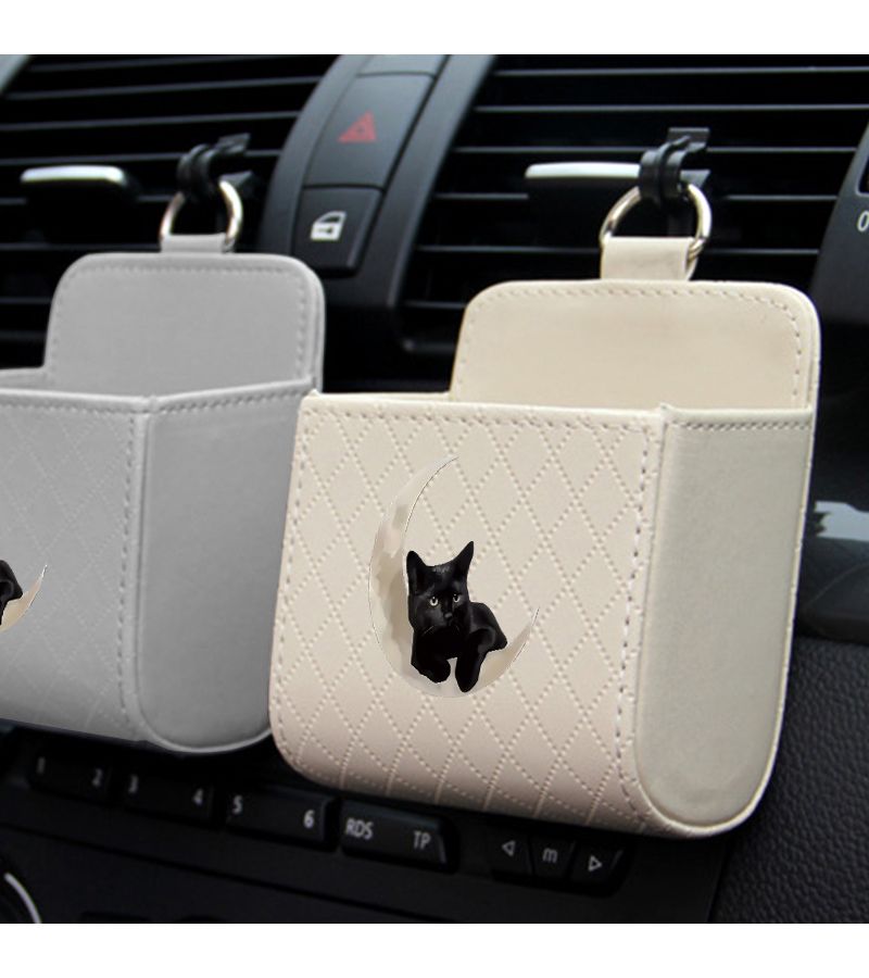 Faux Leather Car Air Vent Organizer Bag Black Quilted Storage Pouch With Metal Hook For Glasses Keys Phone Universal Vehicle Interior Accessories - Image 5