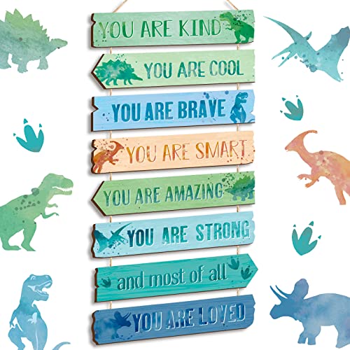 Qunclay Inspirational Girl Room Decor Aesthetic Art Wall Hanging Sign Inspiring Colorful Rainbow Wooden Decoration for Kids Teens Toddler Boy Baby Bedroom Nursery Dorm Decor, 6-12 Years old (Dinosaur) - Image 1