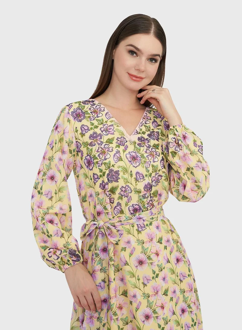 KASHKHA Yellow Georgette Maxi Dress with Purple Flowers (VW237)