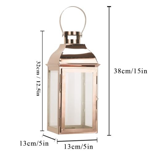 JHY DESIGN Decorative Candle Lanterns 15" High Stainless Steel Candle Lanterns with Tempered Glass for Indoor Outdoor Events Parities and Weddings Vintage Style Hanging Lamps(Rose Gold) - Image 4