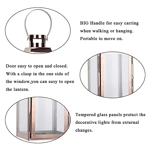 JHY DESIGN Decorative Candle Lanterns 15" High Stainless Steel Candle Lanterns with Tempered Glass for Indoor Outdoor Events Parities and Weddings Vintage Style Hanging Lamps(Rose Gold) - Image 3