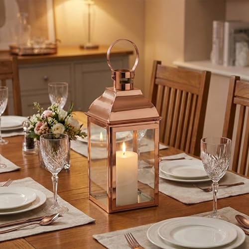 JHY DESIGN Decorative Candle Lanterns 15" High Stainless Steel Candle Lanterns with Tempered Glass for Indoor Outdoor Events Parities and Weddings Vintage Style Hanging Lamps(Rose Gold) - Image 5