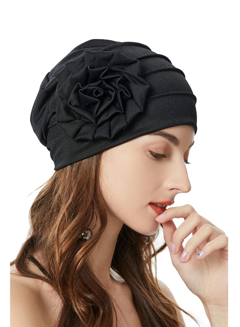 قبعة توربان نسائية مزخرفة بالأزهار، قبعة مريحة ومرنة للعلاج الكيميائي، قبعة مزخرفة بالأزهار السوداء العصرية لجميع المناسبات - Image 1