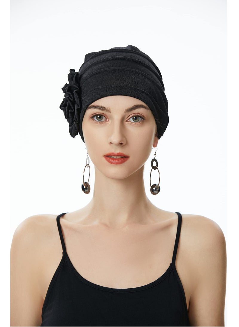 قبعة توربان نسائية مزخرفة بالأزهار، قبعة مريحة ومرنة للعلاج الكيميائي، قبعة مزخرفة بالأزهار السوداء العصرية لجميع المناسبات - Image 3