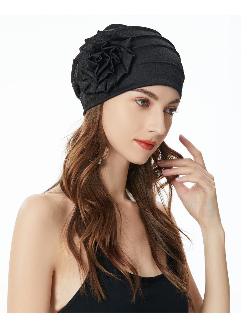قبعة توربان نسائية مزخرفة بالأزهار، قبعة مريحة ومرنة للعلاج الكيميائي، قبعة مزخرفة بالأزهار السوداء العصرية لجميع المناسبات - Image 5