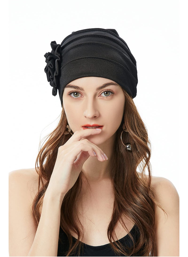 قبعة توربان نسائية مزخرفة بالأزهار، قبعة مريحة ومرنة للعلاج الكيميائي، قبعة مزخرفة بالأزهار السوداء العصرية لجميع المناسبات - Image 2