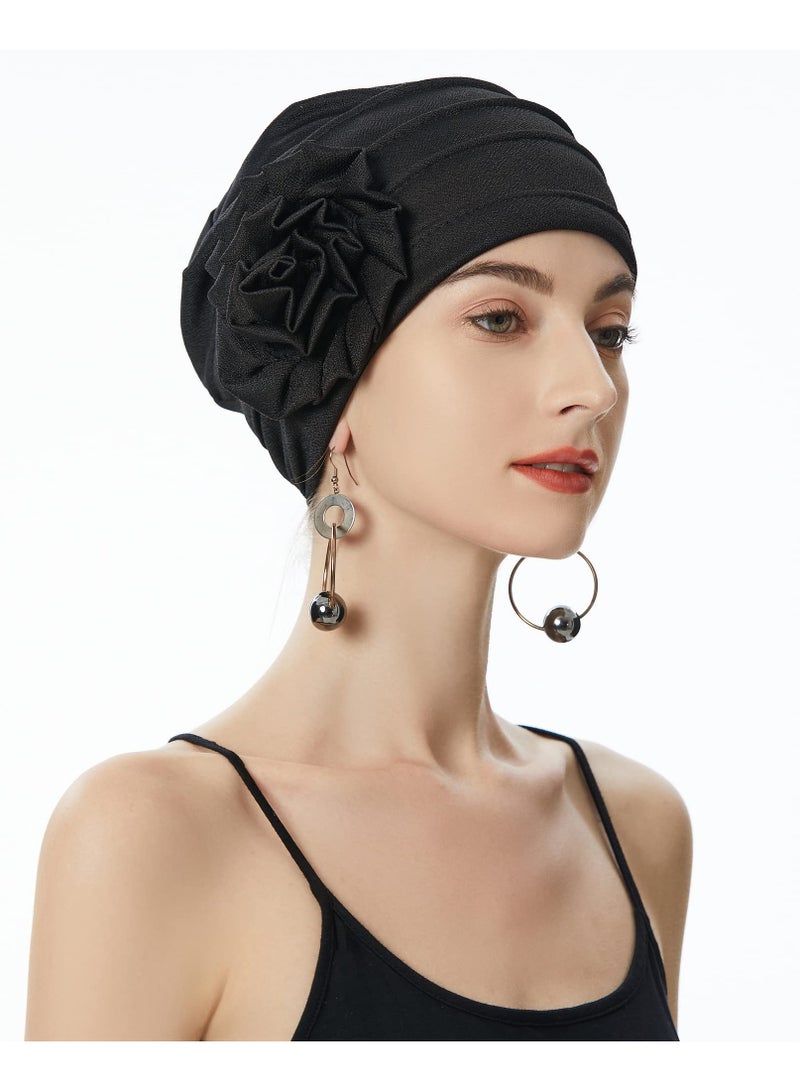 قبعة توربان نسائية مزخرفة بالأزهار، قبعة مريحة ومرنة للعلاج الكيميائي، قبعة مزخرفة بالأزهار السوداء العصرية لجميع المناسبات - Image 4