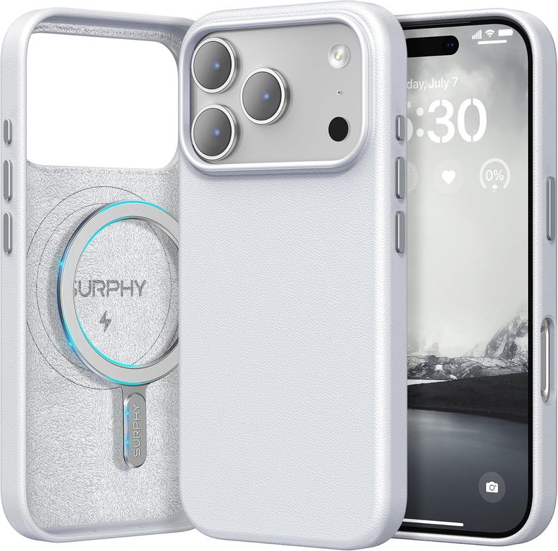 SURPHY Designed for iPhone 17 Pro Max Leather Case, Compatible with MagSafe Wireless Charging Faux Leather Case with Metallic Buttons and Microfiber Lining for 17 Pro Max 6.9 inch 2025, Cool White | High-quality faux leather mobile phone case iPhone 17 Pro Max case for all magnetic accessories, cool white - Image 1
