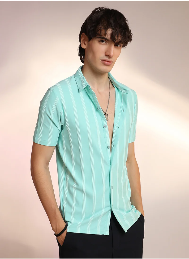 كامبوس سوترا Men's Aqua Blue Unbalanced Striped Shirt