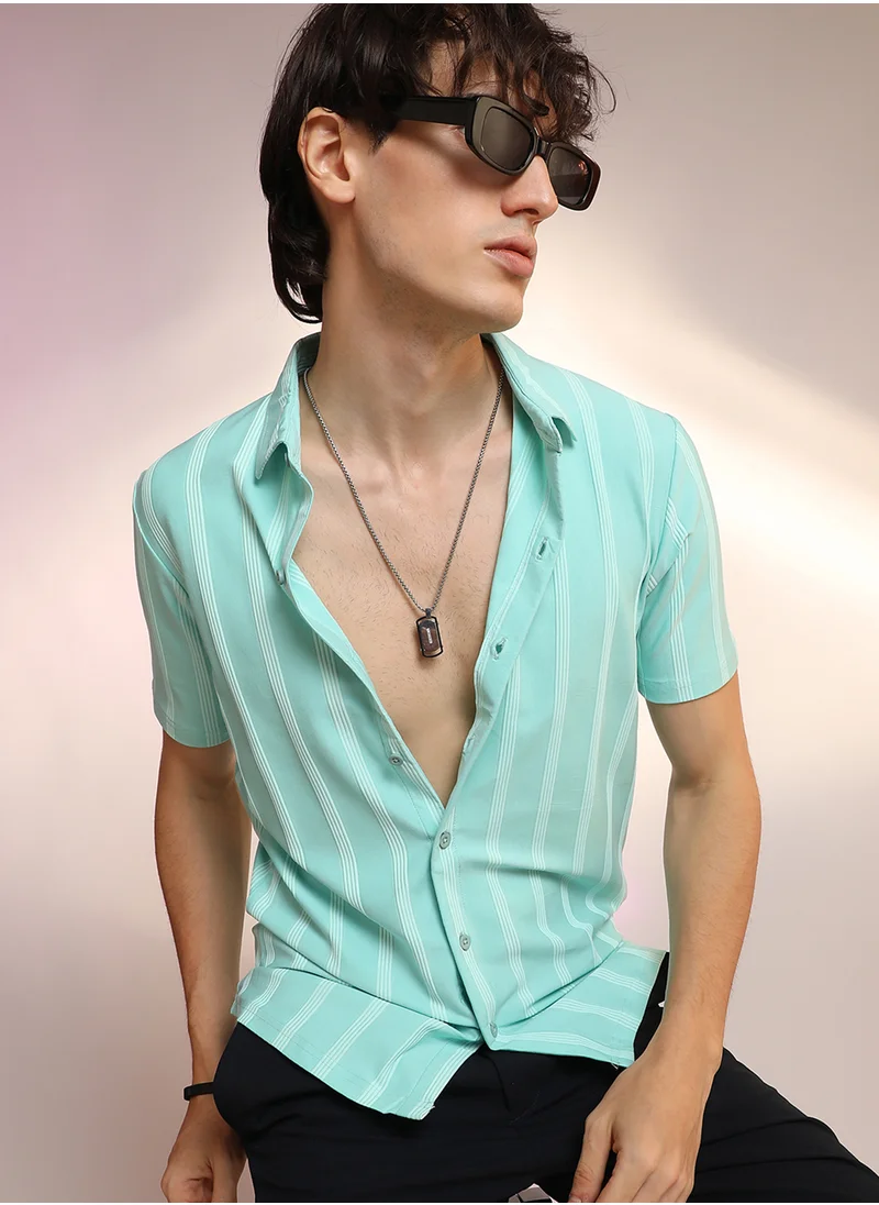 كامبوس سوترا Men's Aqua Blue Unbalanced Striped Shirt