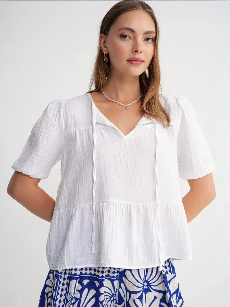 MixRay Mixray Textured Muslin Crew Neck Blouse with Binding Detail