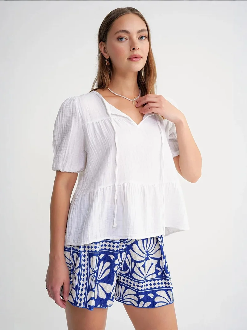 MixRay Mixray Textured Muslin Crew Neck Blouse with Binding Detail