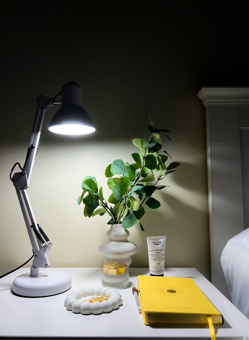 Metal Adjustable Swing Arm Desk Lamp with Interchangeable Base - White