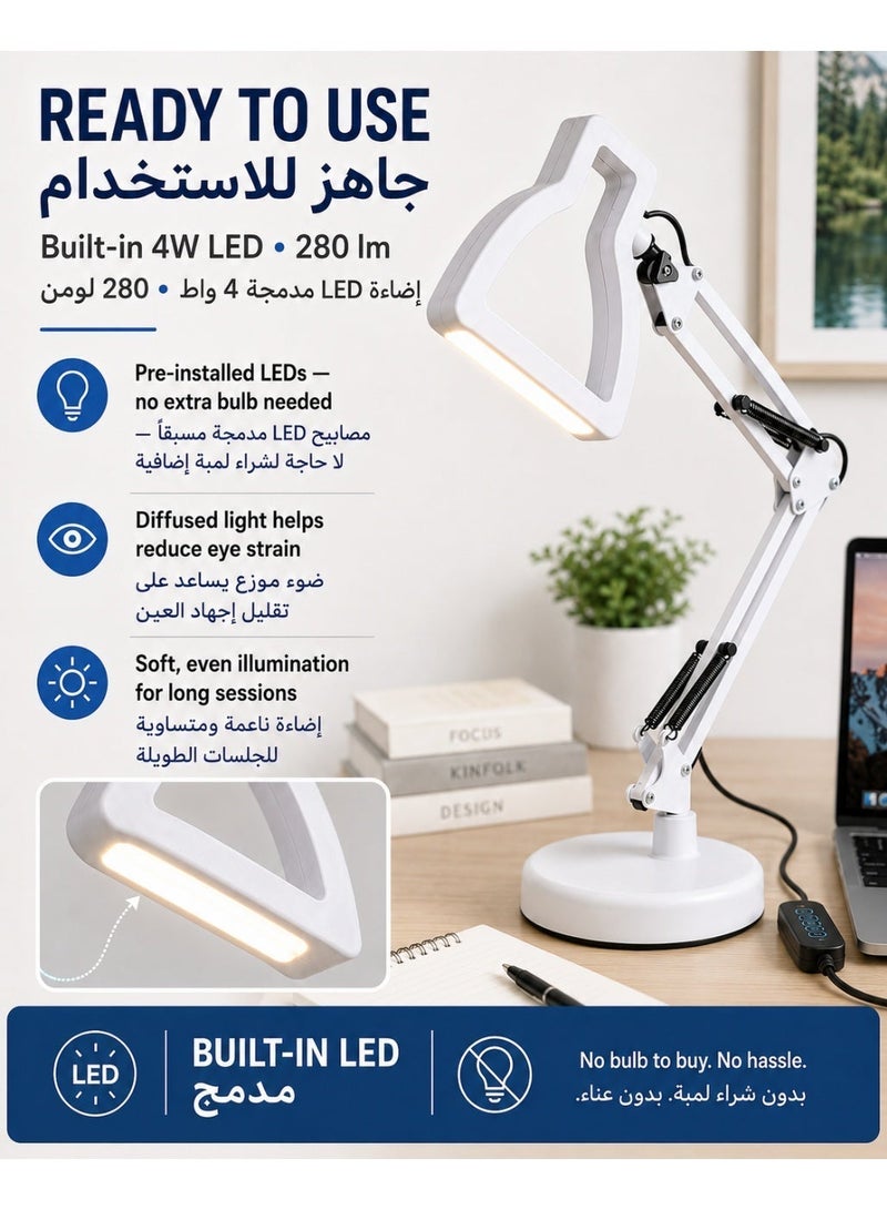 QUUQ LED Metal Adjustable Swing Arm Desk Lamp with Interchangeable Base - White - Image 3