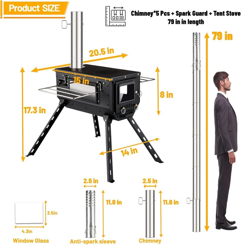 AVOFOREST Tent Stove AVOFOREST Wood Stove with Tall Feet,Portable Hot Tent Stove with 6 Stainless Chimney Pipes for Outdoor & Cooking, Ice Fishing, Hunting - Image 2