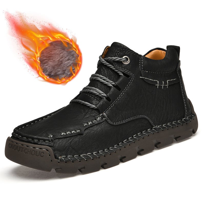 Large Size Men'S High-Top Shoes Winter Velvet Warm Men'S Leather Boots Casual Boots Hand-Stitched Men'S Shoes - Image 1