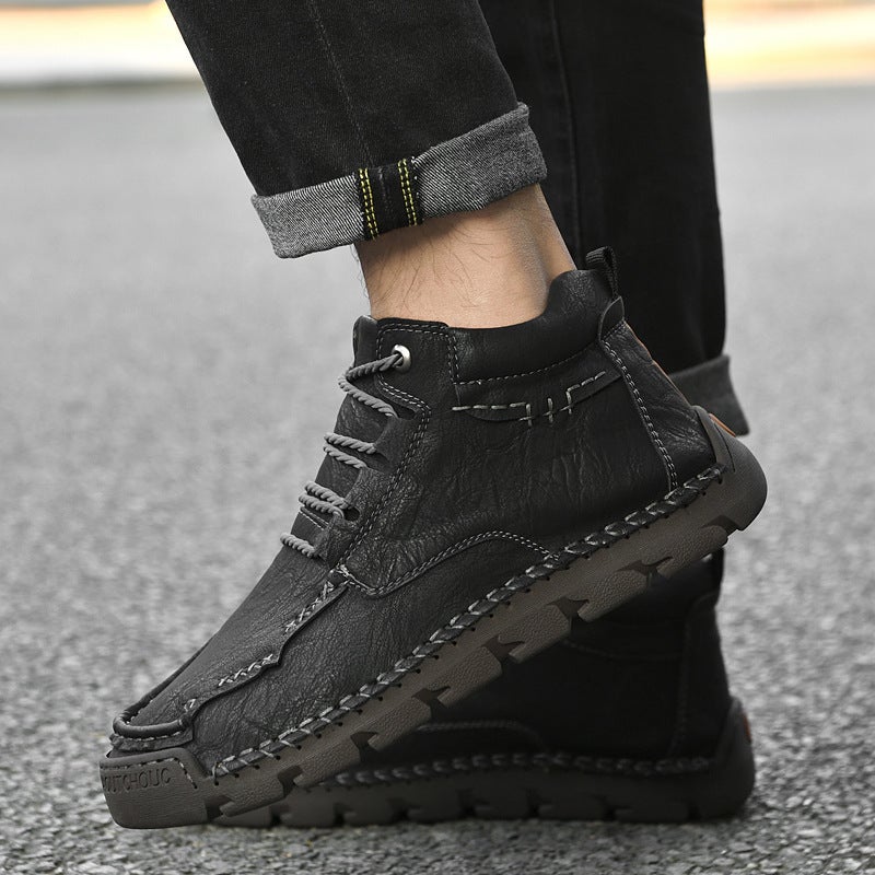 Large Size Men'S High-Top Shoes Winter Velvet Warm Men'S Leather Boots Casual Boots Hand-Stitched Men'S Shoes - Image 3