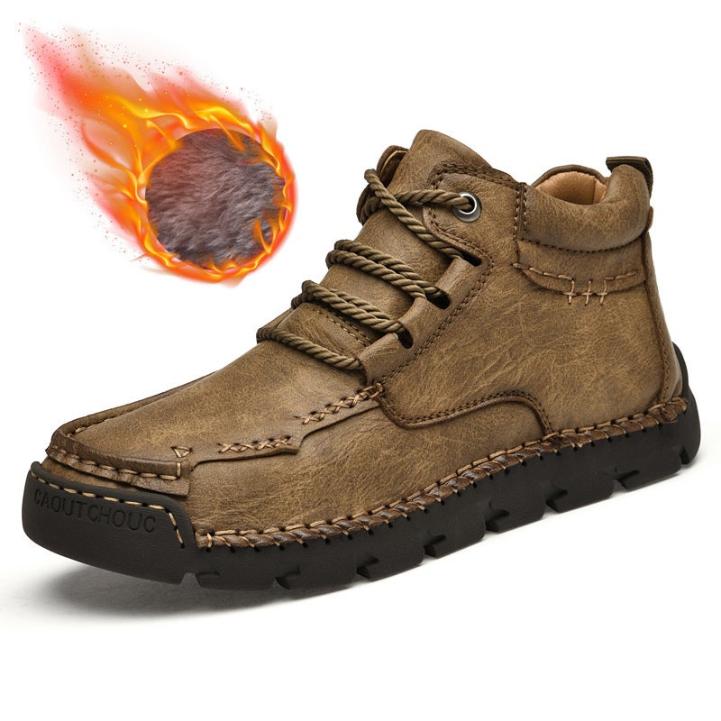 Large Size Men'S High-Top Shoes Winter Velvet Warm Men'S Leather Boots Casual Boots Hand-Stitched Men'S Shoes - Image 2